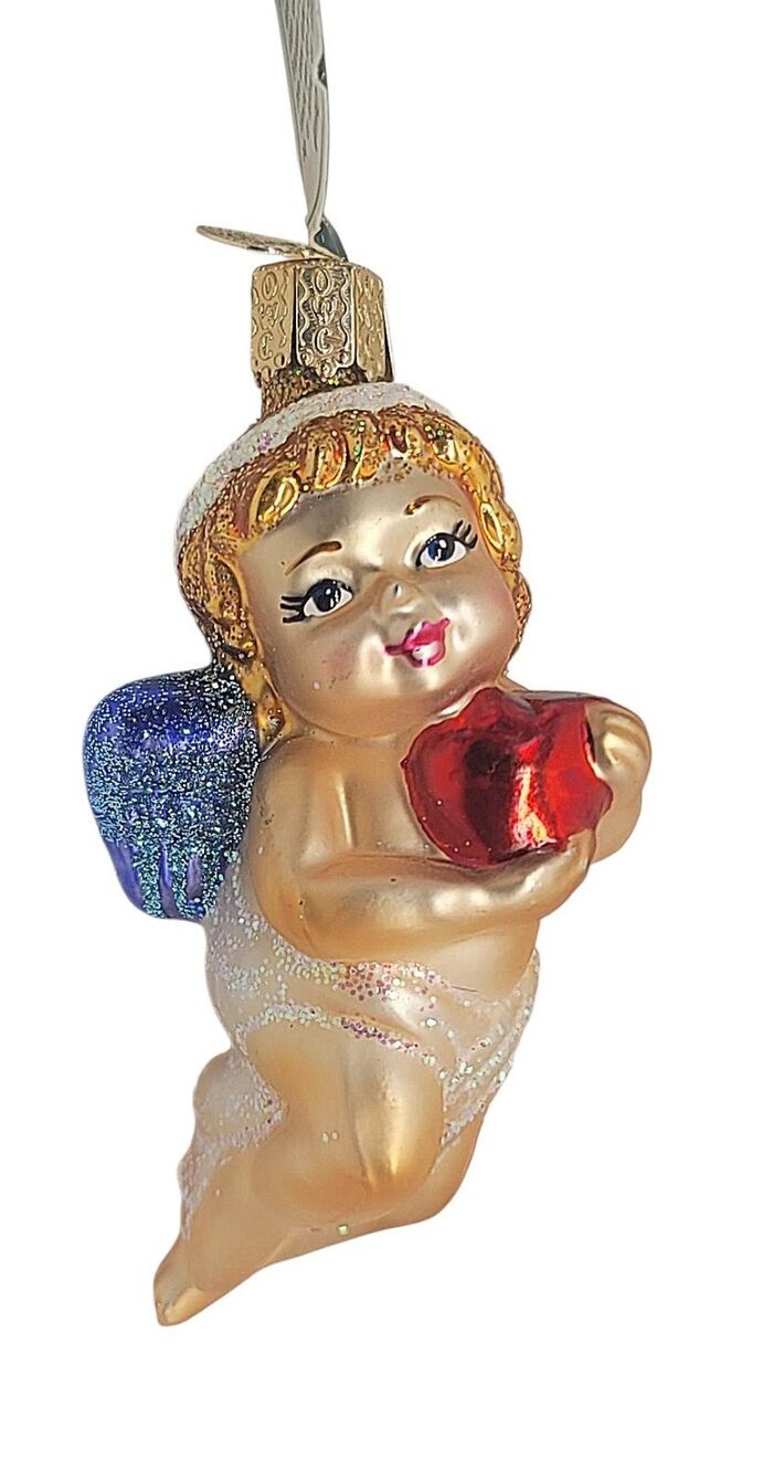 2013 Cherub Glass Angel Glitter Heart Old World Christmas Ornament With Tags 4"